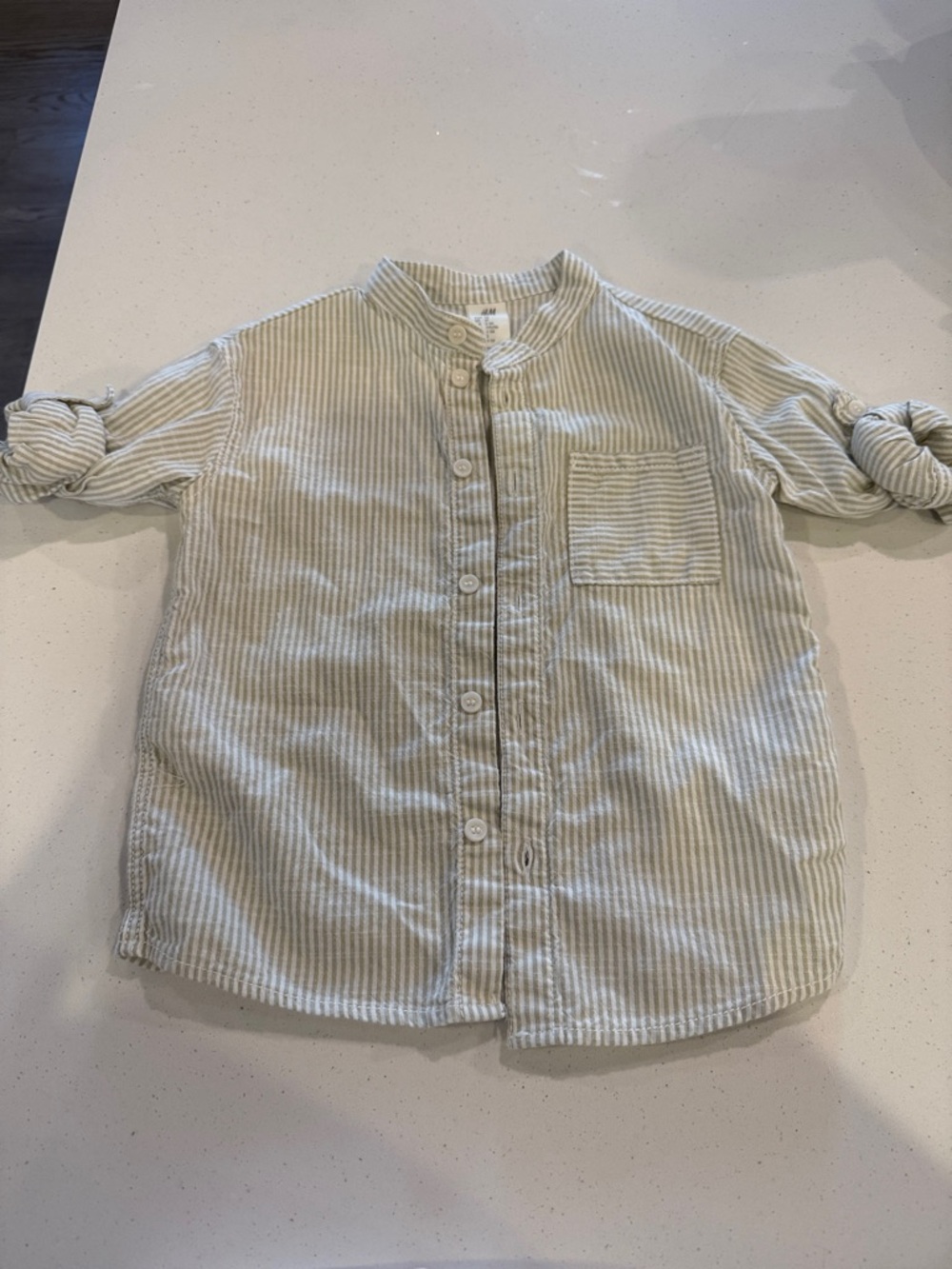 H&M Striped Button-Down Shirt in Soft Beige & White